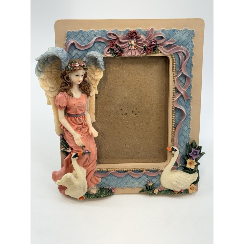 Angel-Themed Resin Picture Frame With Rose & Geese Details